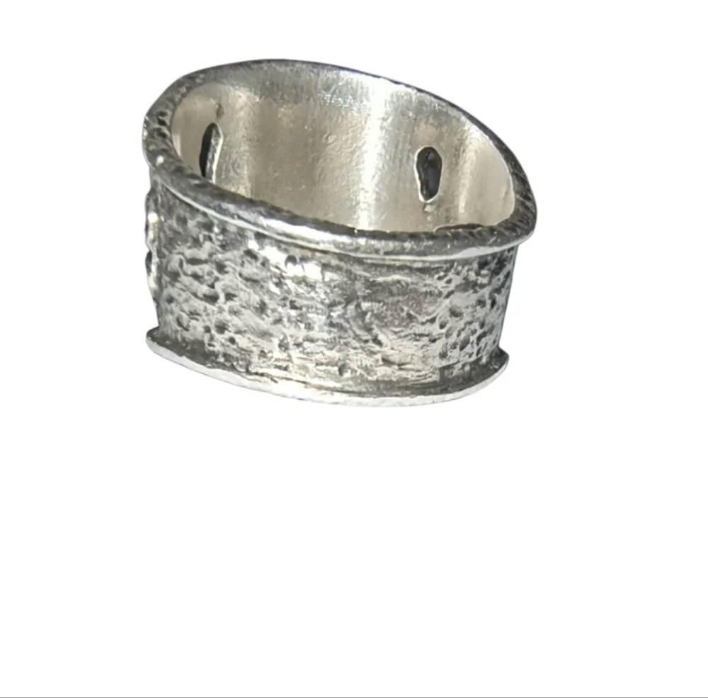 Vintage Garnet And Sterling Silver Wide Band Artisan Ring